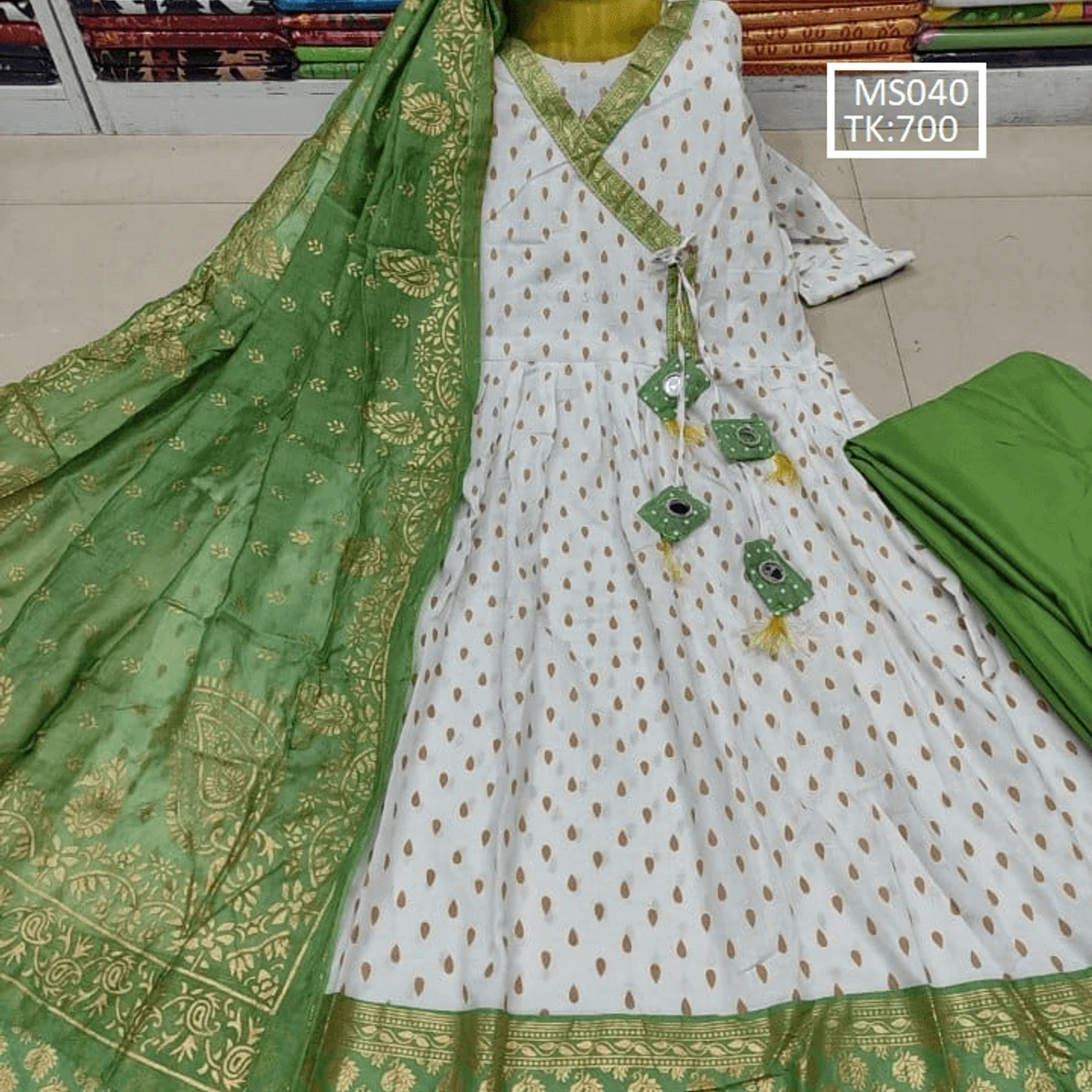 Most Demanding Anarkoli Gown Full Set  White in Olive Combination MS040