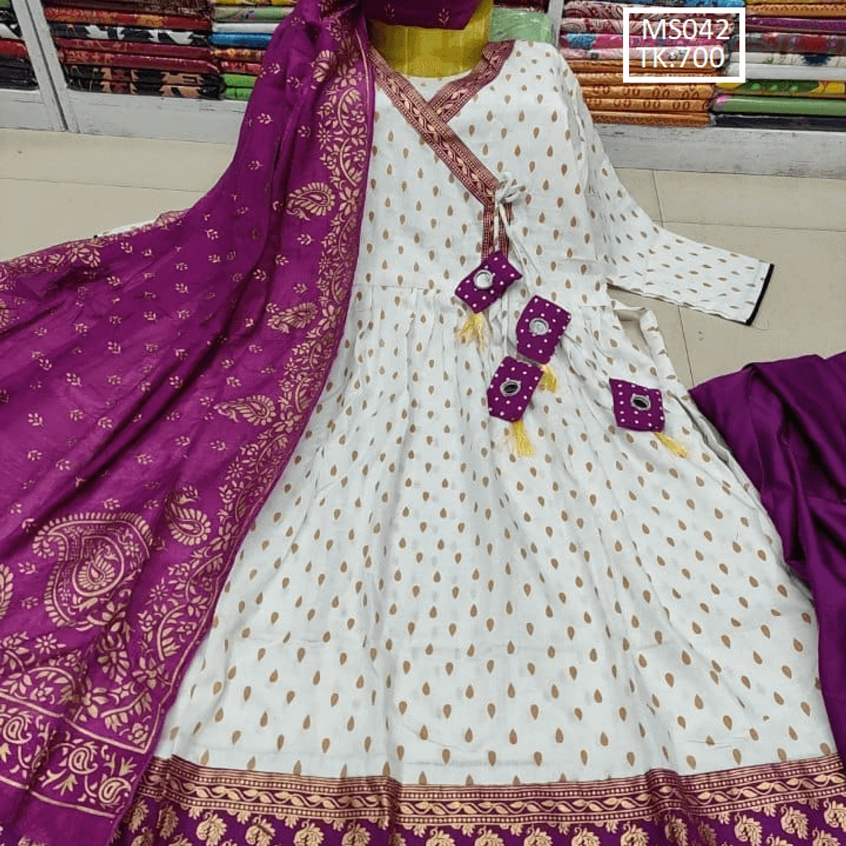 Most Demanding Anarkoli Gown Full Set  White In Purple Colour Combination MS042