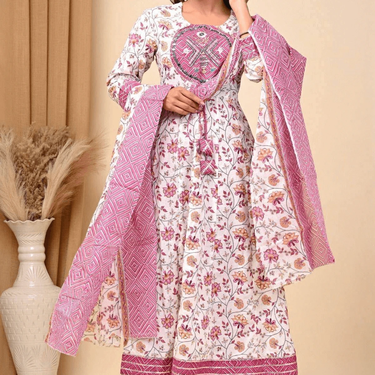 Most Demanding Anarkoli Gown Full Set  White In Pink Colour Combination MS021