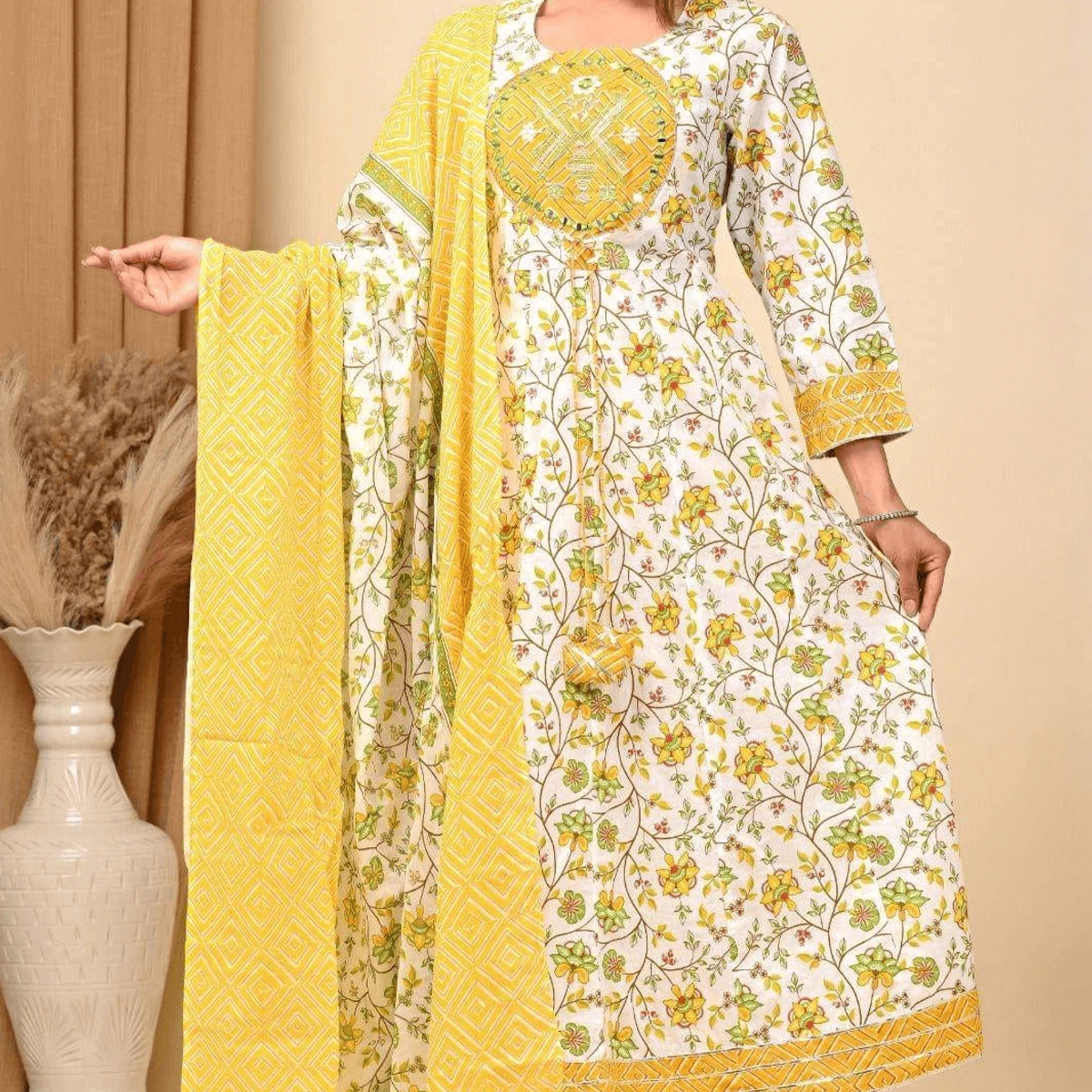 Most Demanding Anarkoli Gown Full Set White In Yellow Colour Combination MS020