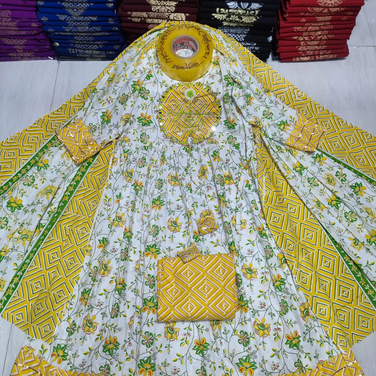 Most Demanding Anarkoli Gown Full Set White In Yellow Colour Combination MS020